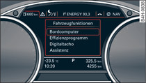 Combiné d'instruments : sélection du menu des fonctions du véhicule